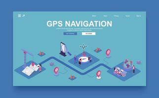 GPS navigazione concetto 3d isometrico atterraggio pagina modello. persone uso in linea mappe nel applicazioni, creare e traccia itinerari con Posizione ricerca. vettore illustrazione nel isometria grafico design.
