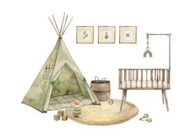 interno composizione di un' figli di camera con un' Wigwam, un' di legno culla, un' tappeto e vario giocattoli. isolato acquerello illustrazione per figli di interno, carte, adesivi, tessili, design. vettore
