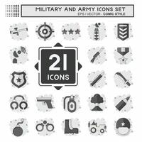 icona impostato militare e esercito. relazionato per guerra simbolo. comico stile. semplice design illustrazione vettore