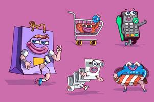 shopping concetto con 3d carino cartone animato personaggi impostare. divertente avatar di Borsa, supermercato carrello, dai un'occhiata per pagando, senza soldi pagamento terminale e negozio. vettore illustrazione con comico mascotte design