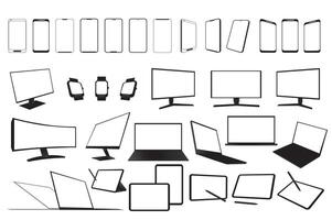 elettronico dispositivi impostato grafico elementi nel piatto design. fascio di minimalista semplice silhouette di schermi mobile Telefono, computer, polso guarda, computer portatili e Altro. vettore illustrazione isolato oggetti