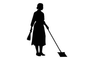 donna addetto alle pulizie silhouette isolato su un' bianca sfondo, pulizia signora nero clipart, spazzatrice ragazza nero e bianca vettore