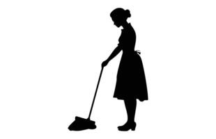 pulizia signora nero clipart, spazzatrice ragazza nero e bianca vettore, donna addetto alle pulizie silhouette isolato su un' bianca sfondo vettore