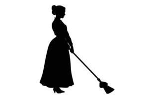 pulizia signora nero clipart, spazzatrice ragazza nero e bianca vettore, donna addetto alle pulizie silhouette isolato su un' bianca sfondo vettore