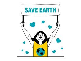 Salva terra concetto con personaggio situazione. donna eco attivista Tenere bandiera con chiamata per Salva pianeta a ambientale dimostrazione. vettore illustrazione con persone scena nel piatto design per ragnatela