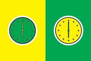 giallo e verde parete ufficio orologio etichetta vettore illustrazione. casa interno oggetto icona concetto. semplice il giro parete ufficio orologio etichetta vettore design con ombra.