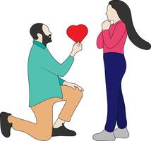 cartone animato piatto stile disegno uomo proponente donna per sposare lui. contento San Valentino giorno. tipo su ginocchia proponente carino ragazza per sposare. grafico design vettore illustrazione.