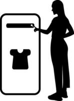 donna con un' mobile Telefono silhouette. shopping in linea, a distanza opera, Internet navigazione concetto vettore