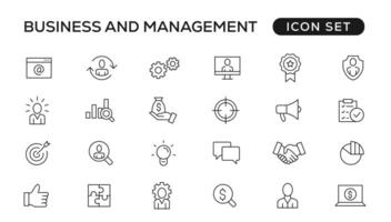 attività commerciale e gestione linea icone impostare. gestione, i soldi, banca, contatto, Infografica icona collezione vettore
