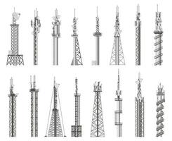 comunicare senza fili antenna. Radio cellula Torre, senza fili città antenna. comunicazioni antenna segnale stazione isolato vettore icone impostato