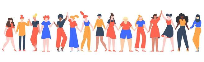 donne amicizia gruppo. diverso femmina squadra in piedi insieme, Tenere mani, ragazze potenza, multinazionale sorellanza Comunità vettore illustrazione