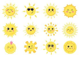 contento cartone animato sole. mano disegnato carino sorridente soli, soleggiato contento personaggi, splendente luminosa sole vettore illustrazione simboli impostato