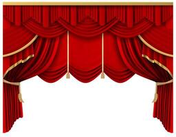 retrò rosso palcoscenico tenda. realistico lusso seta tende, Teatro scena interno drappeggio decorazione, portiere tendaggio isolato vettore illustrazione