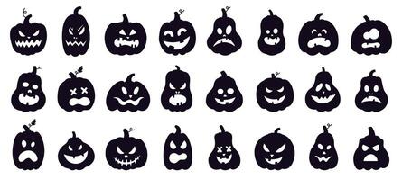 Halloween zucche silhouette. pauroso spaventoso intaglio zucche, raccapricciante sorridente facce, autunno vacanza orrore decorazione vettore illustrazione impostato