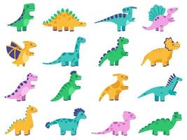 carino dinosauri. mano disegnato comico dinosauri, divertente dino personaggi, tirannosauro, stegosauro e diplodocus vettore isolato illustrazione impostato