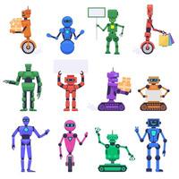 robot personaggi. robotica meccanico umanoide personaggi, chatbot assistente mascotte, tecnologia androide Bot isolato vettore illustrazione impostato