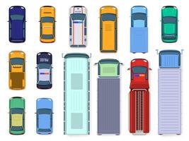 auto superiore Visualizza. strada veicolo motore tetto visualizzazione, traffico macchine, città autobus, ambulanza e camion, pubblico e civile trasporto isolato vettore illustrazione impostato