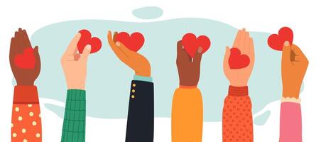 mani beneficenza concetto. dare, Condividere amore per le persone, beneficenza e donazione mani con cuore simbolo, mani con amore messaggi vettore illustrazione