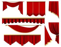 Vintage ▾ rosso realistico tende. palcoscenico lusso scarlatto tessuto tenda, seta interno agnello tendaggi vettore illustrazione impostato