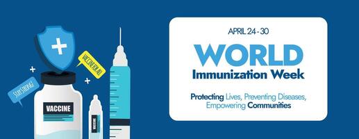 mondo immunizzazione settimana. aprile 20 per 30 mondo immunizzazione settimana celebrazione copertina bandiera con icone di vaccino bottiglie, siringa, protezione scudo. vaccino per tutti consapevolezza bandiera per restare sano. vettore