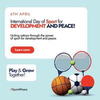 internazionale giorno di sport per sviluppo e pace. 6 ° aprile internazionale giorno di sport per sviluppo e pace celebrazione bandiera con diverso gli sport elementi racchette, calcio, pallacanestro vettore