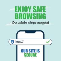 sicuro sito web striscione. godere sicuro navigazione annuncio bandiera con mobile Telefono schermo e ricerca bar con https scritto su esso. criptato https per sicurezza di utenti dati. nostro luogo è sicuro. vettore