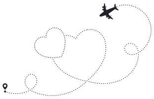 amore aereo percorso. cuore tratteggiata percorso, linea aerea destinazione carta geografica, romantico aereo itinerari linea, di cuore in viaggio sentiero vettore illustrazione