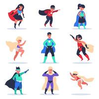 supereroe bambini. ragazzi e ragazze supereroe personaggi, Meraviglia bambini nel colorato supereroe costumi con mantello isolato vettore illustrazione impostato