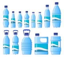 acqua plastica bottiglia. bevanda plastica, bicchiere confezione, in bottiglia acqua, freddo acqua Conservazione. bevanda bottiglie isolato vettore illustrazione icone impostato