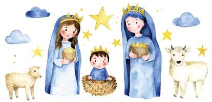 acquerello impostato di Gesù Cristo nel il mangiatoia e il saggio uomini, Natale illustrazione per bambini. acquerello disegno vettore