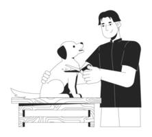 asiatico uomo governare cane nero e bianca 2d linea cartone animato carattere. toelettatore assunzione cura di animale domestico isolato vettore schema persona. animale bellezza e igiene servizio monocromatico piatto individuare illustrazione