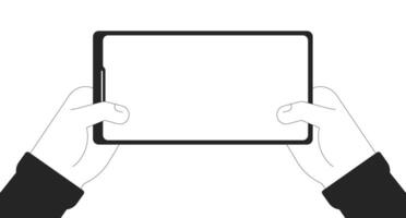 Tenere smartphone con vuoto schermo cartone animato umano mani schema illustrazione. dispositivo con Internet accesso 2d isolato nero e bianca vettore Immagine. mobile Telefono piatto monocromatico disegno clip arte