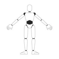 umanoide robot modello nero e bianca 2d linea cartone animato carattere. ingegneria ufficio macchina prototipo isolato vettore schema personaggio. robotica industria monocromatico piatto individuare illustrazione