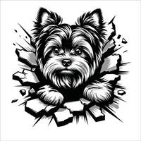 ai generato yorkshire terrier cane guardare pause attraverso un' sfondamento parete illustrazione vettore