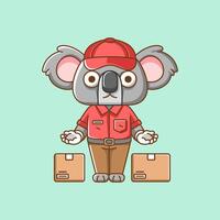 carino koala Corriere pacchetto consegna animale chibi personaggio portafortuna icona piatto linea arte stile illustrazione concetto cartone animato vettore