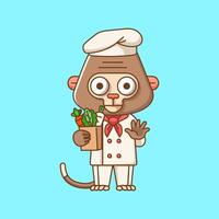 carino scimmia capocuoco cucinare servire cibo animale chibi personaggio portafortuna icona piatto linea arte stile illustrazione concetto cartone animato vettore
