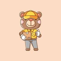 carino orso Corriere pacchetto consegna animale chibi personaggio portafortuna icona piatto linea arte stile illustrazione concetto cartone animato vettore