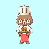 carino orso capocuoco cucinare servire cibo animale chibi personaggio portafortuna icona piatto linea arte stile illustrazione concetto cartone animato vettore