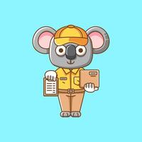 carino koala Corriere pacchetto consegna animale chibi personaggio portafortuna icona piatto linea arte stile illustrazione concetto cartone animato vettore