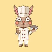 carino coniglio capocuoco cucinare servire cibo animale chibi personaggio portafortuna icona piatto linea arte stile illustrazione concetto cartone animato vettore