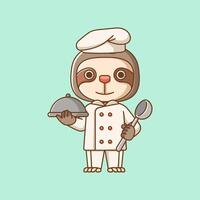 carino bradipo capocuoco cucinare servire cibo animale chibi personaggio portafortuna icona piatto linea arte stile illustrazione concetto cartone animato vettore