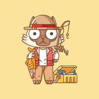 carino gatto pescatore pesca animale chibi personaggio portafortuna icona piatto linea arte stile illustrazione concetto cartone animato vettore