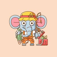 carino elefante pescatore pesca animale chibi personaggio portafortuna icona piatto linea arte stile illustrazione concetto cartone animato vettore