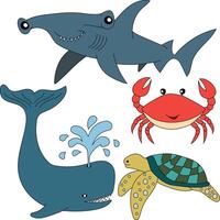 acquatico animali clipart impostare. squalo, balena, granchio, mare tartaruga vettore