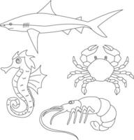 acquatico animali clipart impostare. mare animali di squalo, cavalluccio marino, granchio, gamberetto vettore