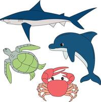 acquatico animali clipart impostare. granchio, squalo, balena, mare tartaruga vettore