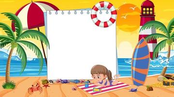 modello di banner vuoto con i bambini in vacanza sulla scena del tramonto sulla spiaggia vettore