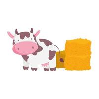 animali da fattoria cartone animato mucca e pila di fieno cartone animato vettore