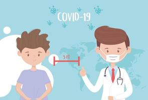 covid 19 quarantena, medico e uomo distanziamento sociale nel mondo vettore