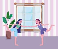 ragazze che fanno stretching in camera, esercizi a casa vettore